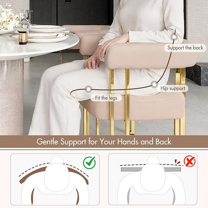 Velvet Dining Chairs Set of 2, Khaki Upholstered Barrel Armchairs with Gold Metal Legs for Kitchen Island, Mid Century Modern Accent Side Chairs for Dining Room and Living Room, Open-Back