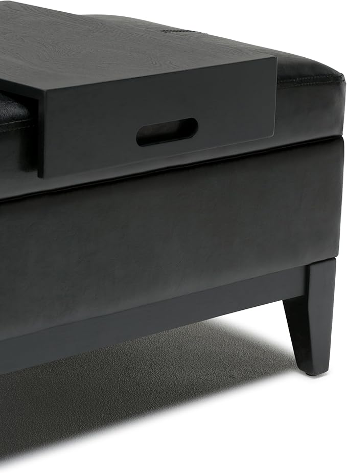 SIMPLIHOME Oregon 42 inch Wide Contemporary Rectangle Storage Ottoman Bench with Tray in Midnight Black Vegan Faux Leather, Assembled, For the Living Room, Entryway and Family Room