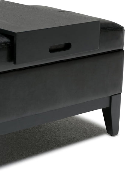 SIMPLIHOME Oregon 42 inch Wide Contemporary Rectangle Storage Ottoman Bench with Tray in Midnight Black Vegan Faux Leather, Assembled, For the Living Room, Entryway and Family Room