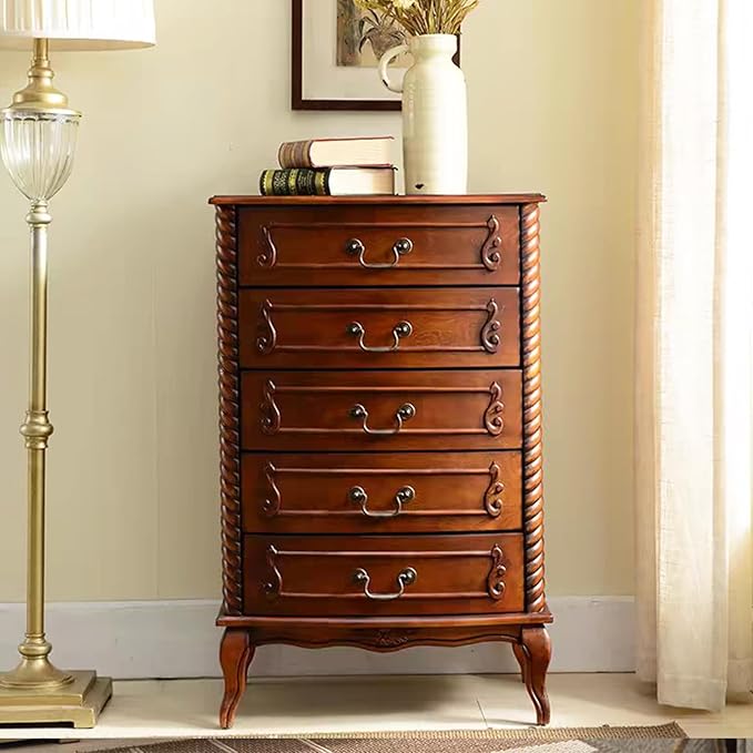 Fully Assembled Solid Wood 5 Drawer Dresser for Bedroom Tall Chest of Drawers Wood Storage Dresser with Metal Handle for Living Room Hallway Entryway, 15.74" D x 24" W x 37.4" H, Walnut