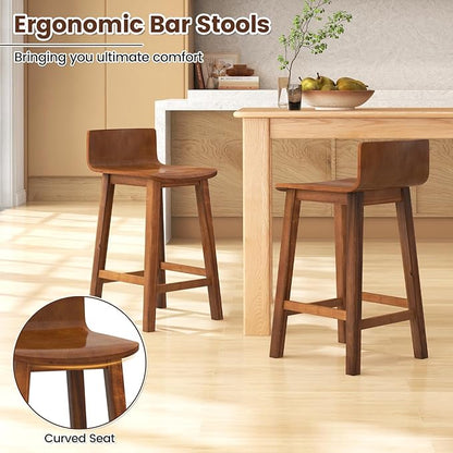 COSTWAY Solid Wood Bar Stools Set of 4, 24.5-inch Counter Height Chairs with Low Back and Footrest, Farmhouse Wooden Armless barstools for Kitchen Island, Dining Room, Cafe, Breakfast, Brown