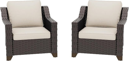 Patio 2 Pieces Wicker Chairs Set of 2，Outdoor PE Rattan Armchairs, Water-Resistant Cushions with Removable and Washable Covers, Porch, Balcony, Sunroom (Beige)