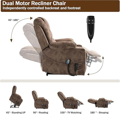 Dual Motor Large Power Lift Chairs Recliners for Adults Elderly Big Man Lay Flat Velvet Recliner with Massage Heat, Infinite Position, 2 Cup Holders, 2 Side Pockets, Up to 400LBS