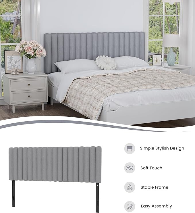 Upholstered Headboard for Queen Size, Adjustable Height Channel Tufted Headboard with Sturdy Wood Legs for Bedroom, Modern Style, No Box Spring Needed, Grey