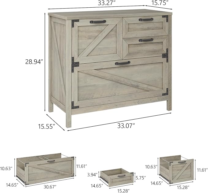 Lateral File Cabinet with 4 Drawers, Farmhouse File Cabinet for Letter/Legal/A4 Size Hanging Files, Large Wood File Storage Cabinets Printer Stand for Home Office Cabinets, Rustic Grey