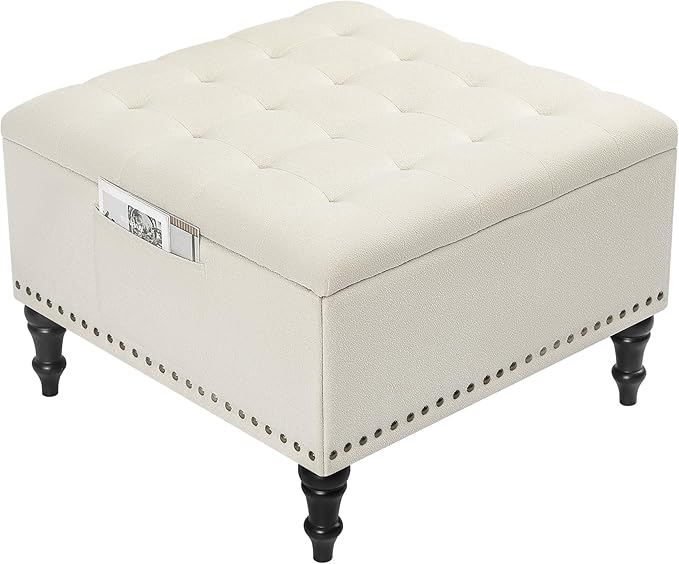 Square Ottoman with Storage Tufted Upholstered Storage Ottoman Square Coffee Table Ottomans with Legs 28’’ Large Fabric Footrest Ottomans Stool with Lift Top for Living Room Beige