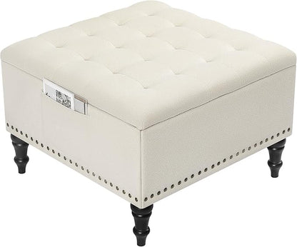 Square Ottoman with Storage Tufted Upholstered Storage Ottoman Square Coffee Table Ottomans with Legs 28’’ Large Fabric Footrest Ottomans Stool with Lift Top for Living Room Beige