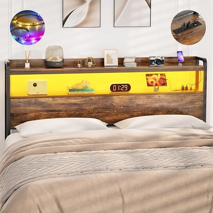 Aheaplus Headboard for Full Size Bed Frame, Headboards with Outlets, USB Ports and LED Light, Head Board with Storage, Height Adjustable, Sturdy and Stable Headboard, Full Size, Rustic Brown