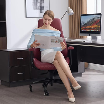 Home Office Desk Chair, Ergonomic High Back Leather Computer Chair with Lumbar Support, Adjustable Height & Recline, Swivel Executive Office Chair with Armrests and Rubber Casters, Red