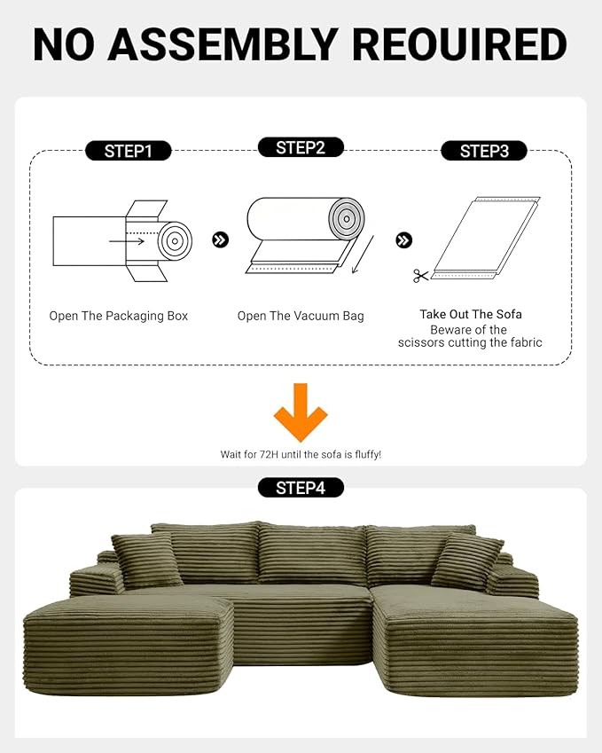108 Inch Cloud Sectional Couch,Modern Modular Sectional Sofa with Deep Seat,Corduroy Boneless Couches with L-Shape Chaise for Living Room,No Assembly Required (Green, Right Facing Chaise + Ottoman)
