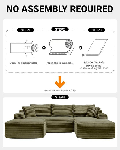 108 Inch Cloud Sectional Couch,Modern Modular Sectional Sofa with Deep Seat,Corduroy Boneless Couches with L-Shape Chaise for Living Room,No Assembly Required (Green, Right Facing Chaise + Ottoman)