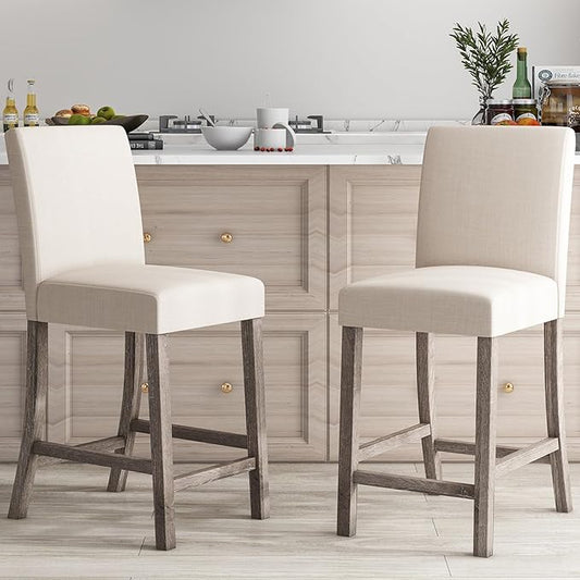 COSTWAY Counter Height Bar Stools Set of 2, 24.5’’ Upholstered Mid Century Modern Island Chairs with Rubber Wood Legs, Wooden Barstools for Kitchen, Dining Room, Bar, Restaurant (Beige)