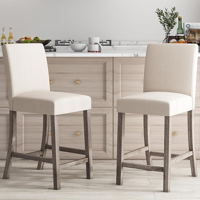 COSTWAY Counter Height Bar Stools Set of 4, 24.5’’ Upholstered Mid Century Modern Island Chairs with Rubber Wood Legs, Wooden Barstools for Kitchen, Dining Room, Bar, Restaurant (Beige)