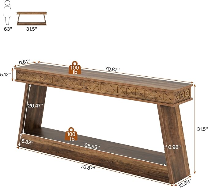 Tribesigns Farmhouse Console Table, 70.9-Inch Extra Long Entryway Table with Storage, 2-Tier Narrow Sofa Table Behind Couch, Wooden Accent Table for Living Room, Hallway, Foyer, Rustic Brown