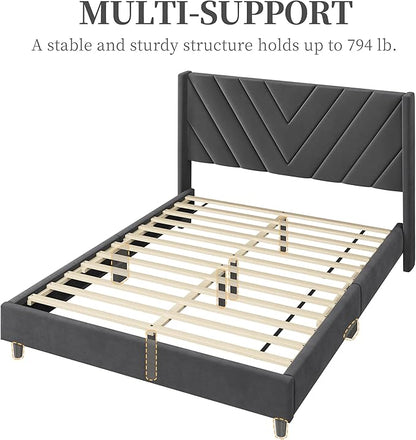 Yaheetech Queen Bed Frame Upholstered Platform Bed with Wing Side/Wooden Slat Support/Tufted Headboard with Wing Side/Mattress Foundation/No Box Spring Needed,Deep Gray Queen Bed