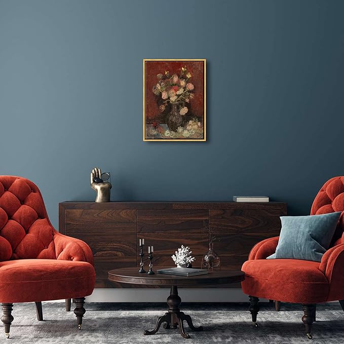 Wieco Art Framed Art Vase with Chinese Asters and Gladioli by Van Gogh Famous Oil Paintings Reproduction Abstract Canvas Prints for Home Decorations Bronze Gold Frame