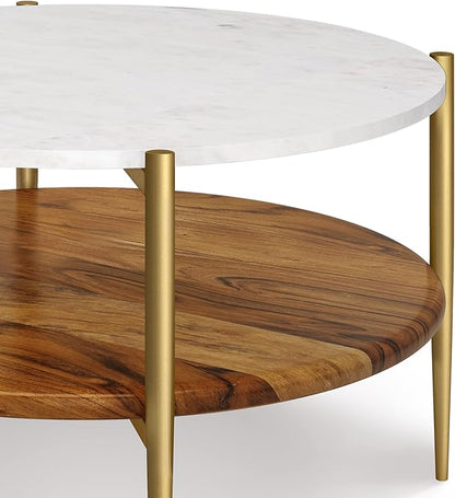 SIMPLIHOME Wagner Coffee Table - 30 inch Wide Solid Acacia Wood and Genuine Marble Round Living Room Table in White and Natural, Mid-Century Modern Table for Family Room with Gold Metal Base and Legs