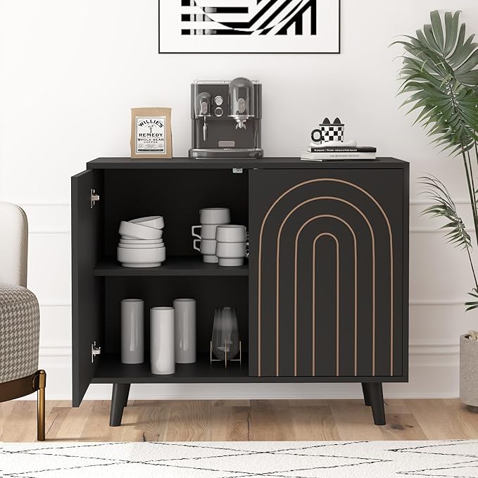 63" Sideboard Buffet Cabinet Set of 2, Modern Accent Cabinet with Carving Lines, Decorative Storage Cabinets for Bedroom Living Room Kitchen Office and Hallway (Black, 2)