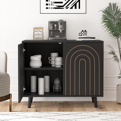 63" Sideboard Buffet Cabinet Set of 2, Modern Accent Cabinet with Carving Lines, Decorative Storage Cabinets for Bedroom Living Room Kitchen Office and Hallway (Black, 2)