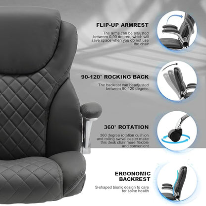 Executive Office Chair, Pu Leather High Back Ergonomic Office Desk Chairs with Wheels, 90-120° Rocking Managerial Chair Home Computer Chairs with Flip-up Armrests and Lumbar Support, Grey