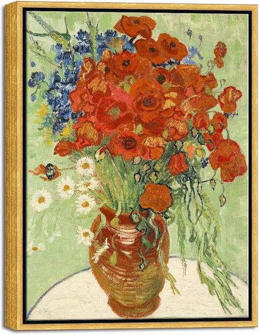 Wieco Art Framed Wall Art of Red Poppies and Daisies by Vincent Van Gogh Paintings Reproduction Abstract Canvas Prints for Home Living Room Decorations Bronze Gold Frame