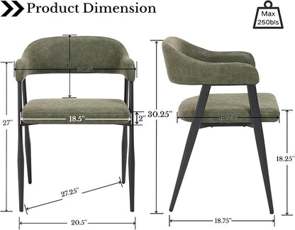 HNY Modern Dining Room Arm Chairs Set of 4, Green Retro Faux Leather Upholstered Barrel Dining Chairs with Arms Mid-Century Accent Chair with Metal Legs, Open-Back Kitchen Side Chairs for Living Room