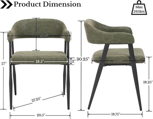 HNY Modern Dining Room Arm Chairs Set of 6, Green Retro Faux Leather Upholstered Barrel Dining Chairs with Arms Mid-Century Accent Chair with Metal Legs, Open-Back Kitchen Side Chairs for Living Room