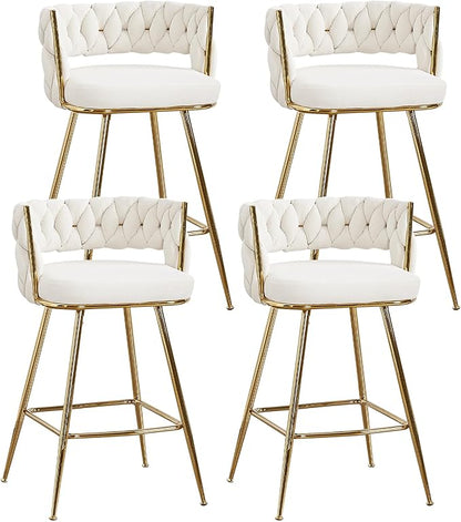 VECELO Bar Stools Set of 4, Counter Height Bar Stools, 26 inch Seat Barstools with Woven Back and Footrest for Kitchen Island Counter, White