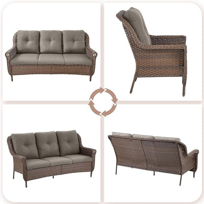 Patio Couch Outdoor Wicker Sofa - Heavy Duty All-Weather Brown Rattan 3-Seater with High Back and Comfortable Thick Cushions for Garden Back Porch Poolside Apartment - Grey