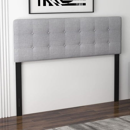 Giantex Linen Upholstered Headboard, Adjustable Width Button Tufted Headboard Only with Solid Wood Legs, Attach Frame, Rectangular Headboard for Queen Full Size Bed, Gray