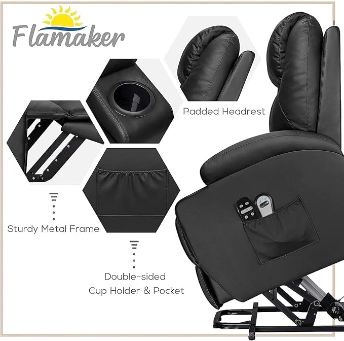 Flamaker Power Lift Recliner Chair Electric Lift Recliner for Elderly Power Lift Recliner Chair with Cup Holders Side Pockets for Living Room (Leather, Dark Black)