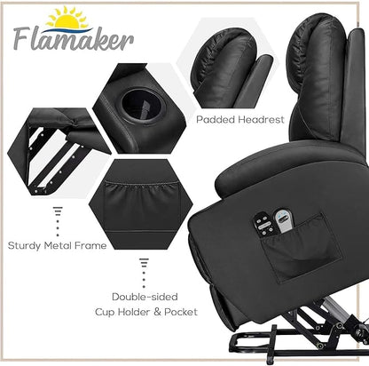Flamaker Power Lift Recliner Chair Electric Lift Recliner for Elderly Power Lift Recliner Chair with Cup Holders Side Pockets for Living Room (Leather, Dark Black)