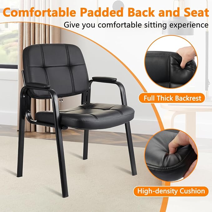 CLLATINA Waiting Room Chairs with Padded Arms Leather Guest Chair no Wheels for Office Reception and Conference Desk Black, 4 Pack