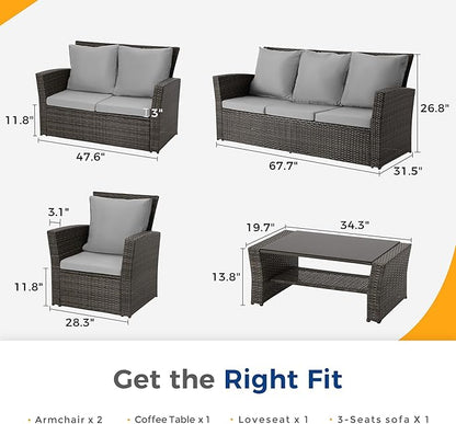Wisteria Lane 5 Piece Patio Furniture Set, Wicker Outdoor Patio Conversation Furniture Set, All Weather Outdoor Patio Sofa with Cushion and Glass Table, Grey