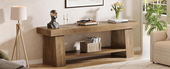 Tribesigns 63" Wooden Entryway Bench with Storage Shelf, Rustic Extra Long Bench, 2-Tier Hallway Bench for Living Room, Bedroom, Kitchen (Rustic Brown)