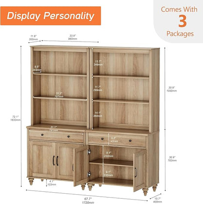 WAMPAT 5 Tier Bookshelf 72" Tall Bookcase with Barn Doors, Large Farmhouse Display Book Shelf with 2 Drawers and Storage Cabinet, Library Wood Bookshelves for Living Room,Kitchen, Oak(2PCS)