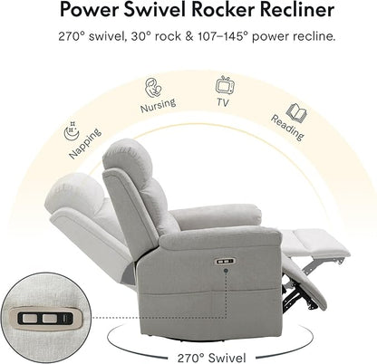 FLEXISPOT XRC6-Pro Nursery Power Glider Recliner w/Adjustable Headrest, 270° Swivel Rocker Recliner for Nursery w/Massage & Heat, Water & Stain Resistant Ribbed Chenille, FSC Certified, Light Grey