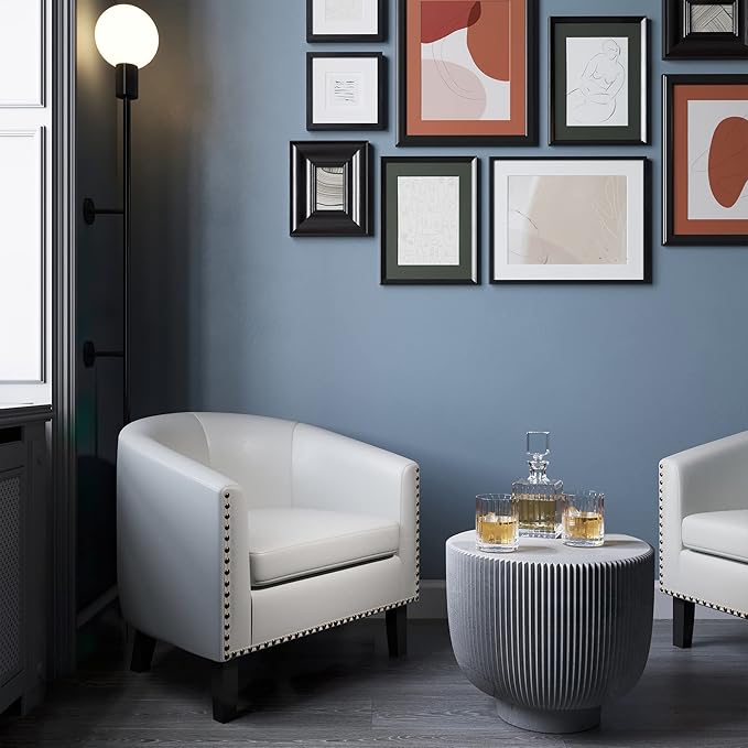 BELLEZE Accent Barrel Chairs Set of 2, Modern Tub Club Chairs Upholstered Armchairs for Living Room, Faux Leather Chairs with Gold Nail Head Trim Black Legs - Kyara (White)
