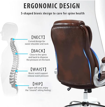 Executive Office Chair Brown, PU Leather High Back Office Desk Chairs with Wheels, 90-120° Rocking Managerial Ergonomic Big Tall Home Computer Chairs with Flip up Arms and Lumbar Support