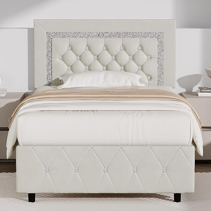 BarnFurin Twin Bed Frame with Diamond Tufted Headboard, Faux Leather Upholstered Bed with Wooden Slats Support, No Box Spring Needed, Mattress Foundation, Easy Assembly, Cream