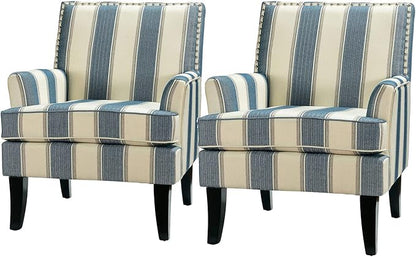 HULALA HOME Modern Accent Chairs Set of 2, Farmhouse High Back Striped Chairs with Wooden Legs & Nail Head Trim, Comfy Upholstered Armchairs for Living Room/Bedroom (Stripe Blue)