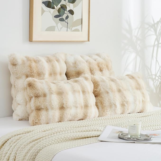 FUTEI Beige White Decorative Throw Pillow Covers 26x26 Inch Set of 2,Soft Fuzzy Faux Rabbit Fur Euro Pillow Shams with Raised Texture,Neutral Boho Home Decor for Couch Bed Living Room