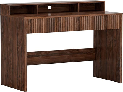 47" Executive Desk with Fluted Drawer, Modern Home Office Desk with Long Monitor Stand and 2 Drawers, Computer Writing Desk for Study Office Vanity, Brown
