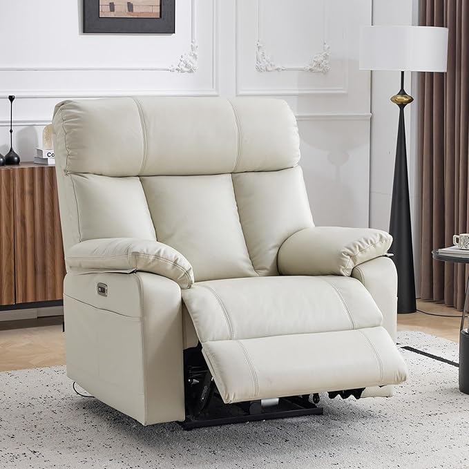 AEDI 450lbs Genuine Leather Power Recliner Chair for Big and Tall Adults Oversized Electric Reclining Sofa for Living Room,Extra Wide 27" Seat,USB Charging(Top Grain Leather,Light Gray)