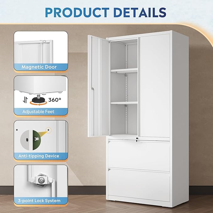 DEVAISE 71" Metal Storage Cabinet, 2-Drawer Lateral File Cabinet, Adjustable Shelves & Doors, White Garage Storage Cabinet, Heavy Duty Tall Cabinet for Home Office, Garage Organization