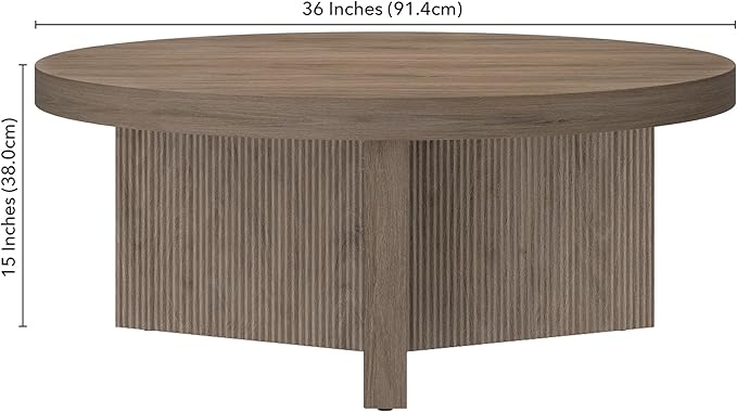 Henn&Hart 36" Fluted Round Low-Profile Coffee Table with Ribbed Pedestal Base for Living Room, Family Room, or Office, Antiqued Gray Oak