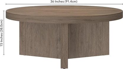 Henn&Hart 36" Fluted Round Low-Profile Coffee Table with Ribbed Pedestal Base for Living Room, Family Room, or Office, Antiqued Gray Oak