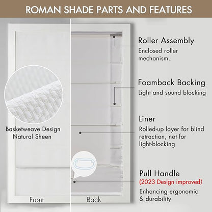 Madison Park Galen Cordless Roman Shade, 34"W x 64"H, Sheen White – Room Darkening, Thermal Insulated, Energy Efficient Window Blind with Subtle Sheen Basketweave Fabric for Privacy