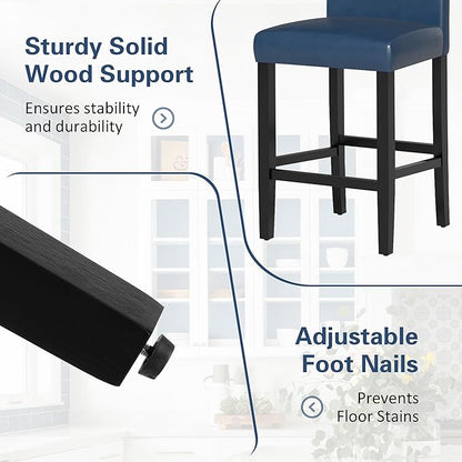 LSSPAID Counter Height Bar Stools Set of 4, 24.8 Inch Upholstered PU Leather Barstools, Modern Kitchen Island Chairs with Backrest and Solid Wood Legs, Navy Blue