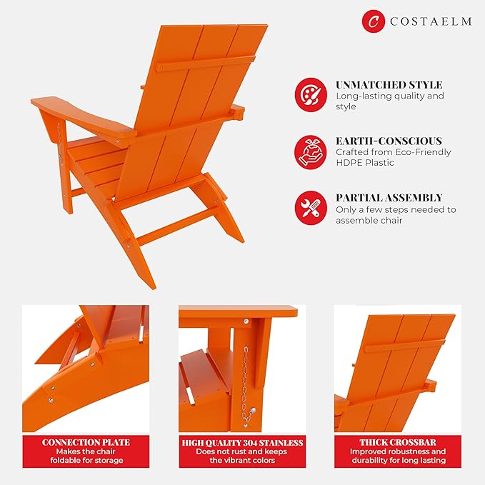 Costaelm Folding Adirondack Chairs, Outdoor Patio Adjustable Lawn Chairs, Weather Resistant Outside Firepit Chairs for Porch, Poolside, Garden, Backyard Deck, Orange
